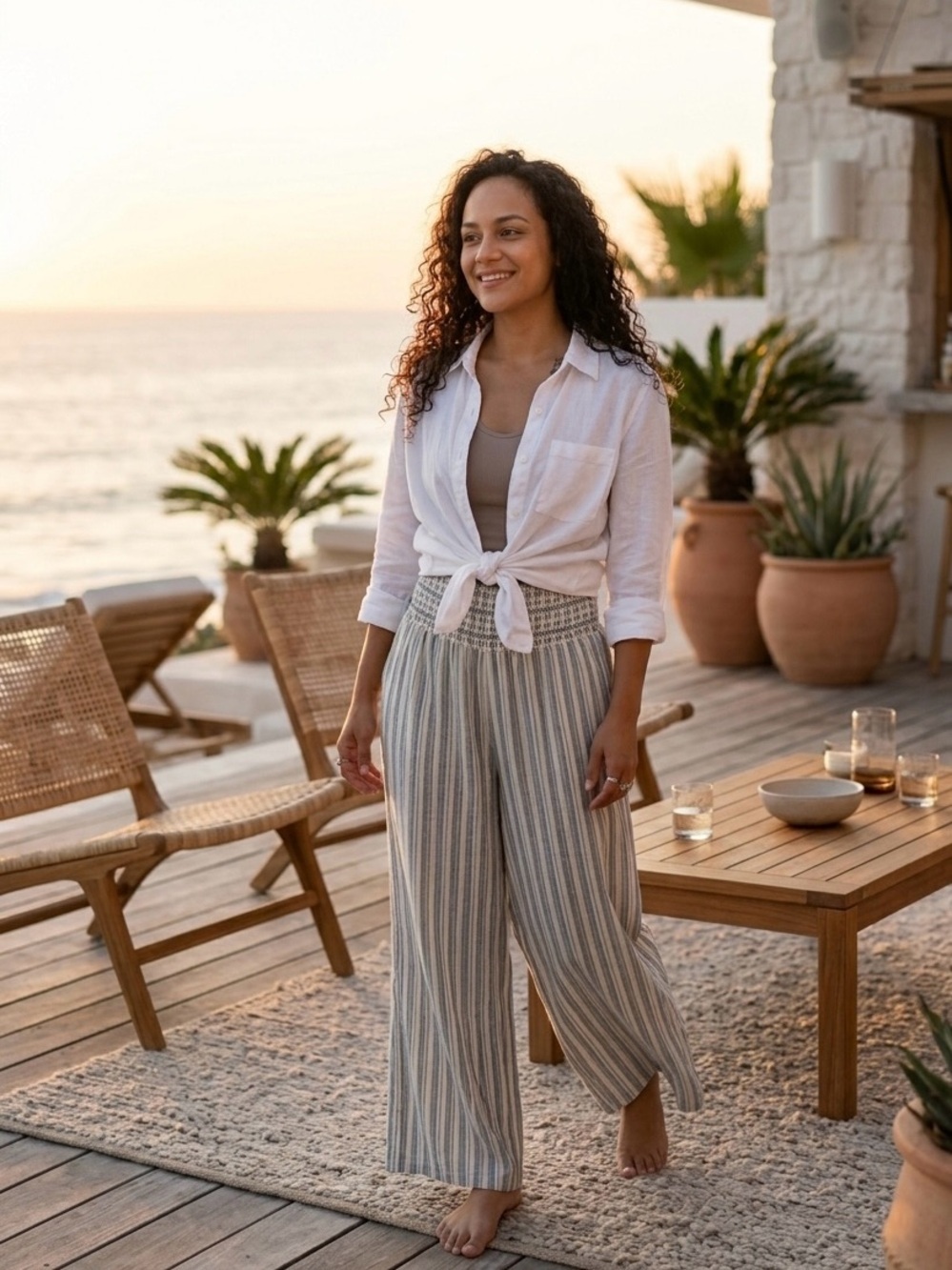 Rewash NWT Blue Stripe Linen Blend Smocked Wide Leg Pants M - Picture 2 of 9